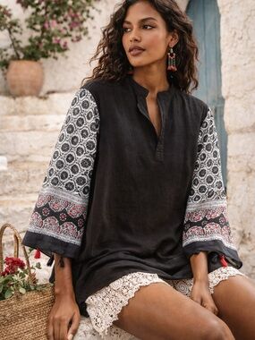 Boho Organic Cotton Tunic Top L XL, Sheer Sleeve Kimono Blouse, High Low Raw Hem